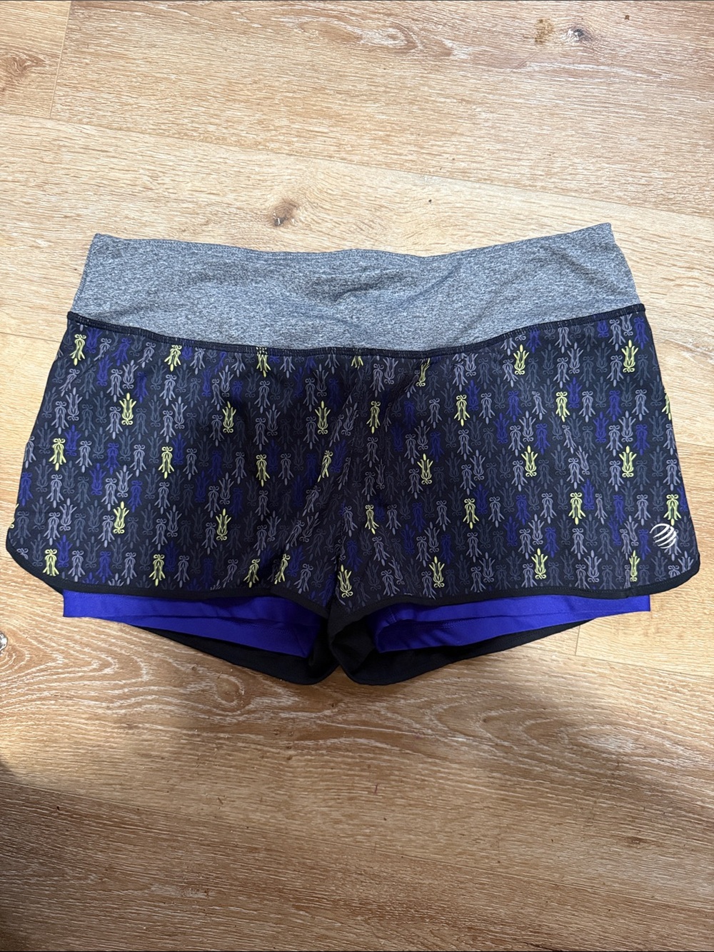 MPG Black Layered Athletic Shorts with Gray Waistband and Purple Liner